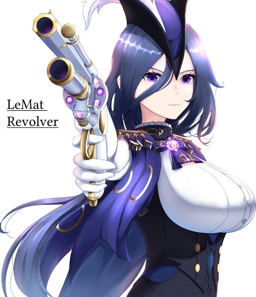 1girl absurdres black_corset blue_hair breasts buttons cape clorinde_(genshin_impact) closed_mouth collared_shirt corset framed_breasts from_side genshin_impact gloves gun hair_between_eyes handgun hat highres holding holding_gun holding_weapon large_breasts long_hair musanix purple_eyes shirt solo tassel tricorne vision_(genshin_impact) weapon white_gloves white_shirt