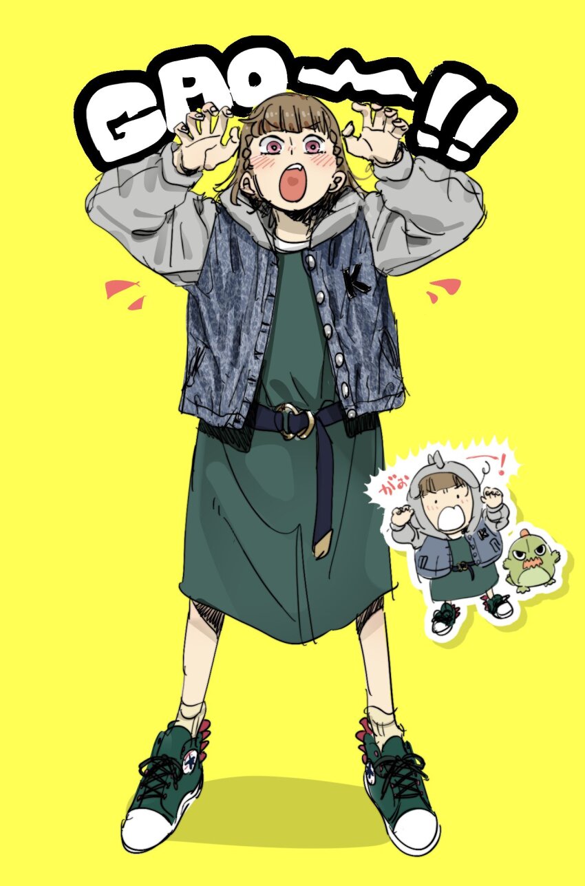 ._. 1girl 524ryo :o alternate_costume blue_jacket blush braid brown_hair brown_socks casual center-flap_bangs chibi chibi_inset claw_pose dress full_body gao gonzales_(love_live!) green_dress green_footwear grey_sleeves highres hood hood_down hood_up hooded_jacket jacket kachimachi_kosuzu letterman_jacket link!_like!_love_live! long_hair long_sleeves love_live! medium_dress open_mouth pink_eyes shoes side_braids simple_background sneakers socks standing straight_hair stuffed_dinosaur teeth upper_teeth_only v-shaped_eyes virtual_youtuber yellow_background