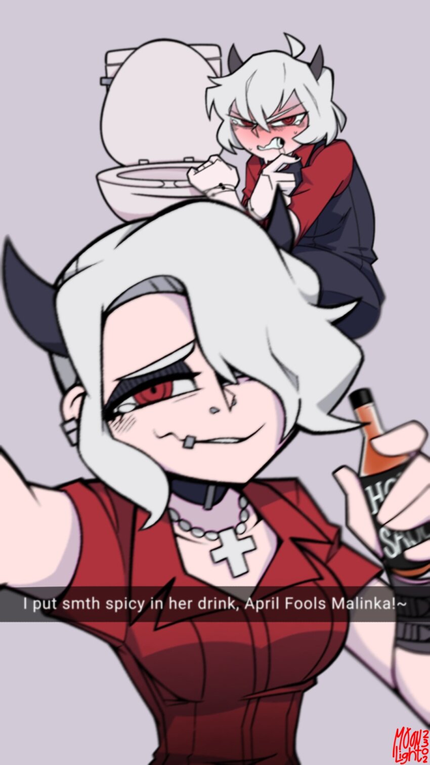 2girls black_horns black_vest blush bottle copycat246 demon demon_girl demon_horns ear_piercing english_text helltaker highres holding holding_bottle horns hot_sauce implied_vomiting malina_(helltaker) mouth_piercing multiple_girls nose_piercing piercing prank red_eyes red_shirt saliva selfie shirt siblings toilet vest white_hair zdrada_(helltaker)