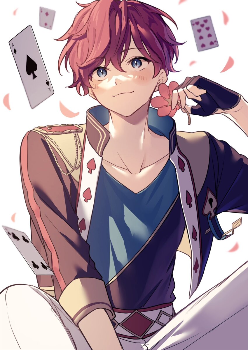 1boy :3 amagi_hiiro between_legs black_gloves collarbone commentary ensemble_stars! epaulettes falling_petals fingerless_gloves floating_card flower gloves half_gloves hand_between_legs hand_up highres holding holding_flower indian_style jacket knees_up layered_clothes legs_apart light_blush light_smile looking_up lq_saku male_focus open_clothes open_jacket pants petals red_flower red_hair red_petals shirt single_epaulette sitting three-quarter_sleeves smile solo split_mouth symbol-only_commentary t-shirt white_pants