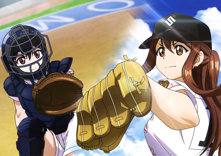 2girls absurdres baseball baseball_cap baseball_glove baseball_uniform black_hair brown_eyes brown_hair grass hat highres multiple_girls official_art purple_eyes sportswear takeda_yomi tamayomi yamazaki_tamaki