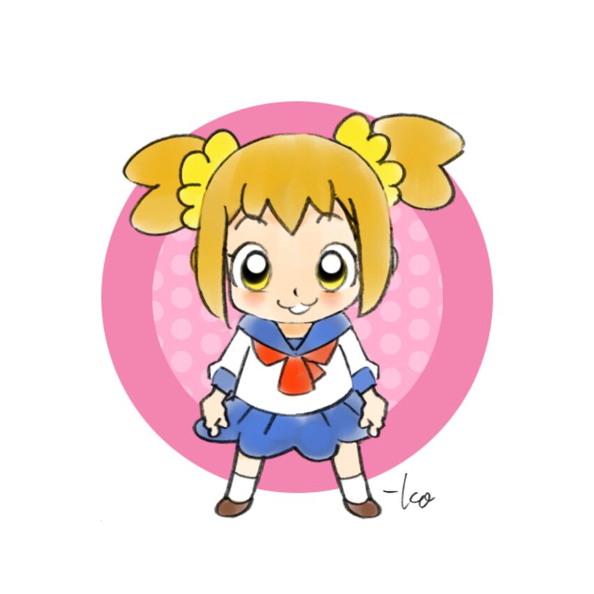 1girl :3 blue_sailor_collar blue_skirt brown_shoes commentary full_body hair_ornament hair_scrunchie highres light_blush looking_at_viewer neckerchief open_mouth orange_hair poptepipic popuko red_neckerchief sailor_collar school_uniform scrunchie serafuku shirt shoes short_hair short_twintails signature skirt socks standing takeuchi_kou twintails two_side_up white_shirt white_socks yellow_eyes yellow_scrunchie