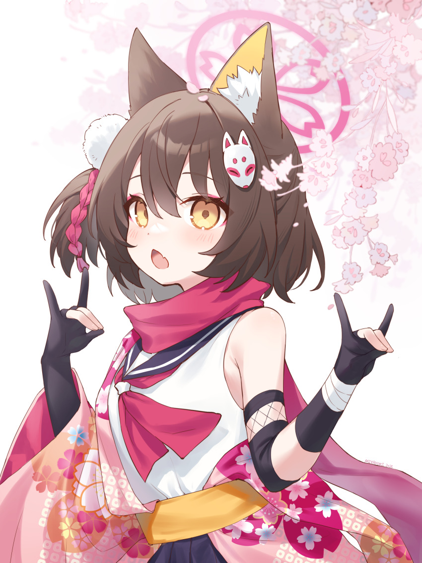 1girl absurdres animal_ear_fluff animal_ears bandaged_wrist bandages bare_shoulders black_gloves black_sailor_collar black_skirt blue_archive brown_hair chestnut_mouth double_fox_shadow_puppet elbow_sleeve eyelashes fang floral_print flower fox_ears fox_mask fox_shadow_puppet from_side gloves hair_between_eyes hair_ornament halo hands_up highres izuna_(blue_archive) japanese_clothes kimono kimono_partially_removed light_blush looking_at_viewer looking_to_the_side mask miyayoki neckerchief open_mouth partially_fingerless_gloves pink_flower pink_kimono pleated_skirt pom_pom_(clothes) pom_pom_hair_ornament print_kimono red_halo red_neckerchief red_scarf sailor_collar sailor_shirt sash scarf shirt short_hair short_sidetail skin_fang skirt sleeveless sleeveless_shirt solo upper_body white_background white_shirt wide_sleeves yellow_eyes yellow_sash
