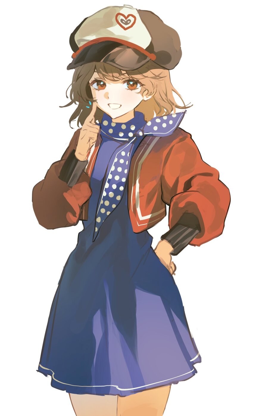 baegi201 blue_dress blue_neckerchief brown_hair dress finger_to_cheek grin hand_on_own_hip hand_up hat highres index_finger_raised jacket looking_at_viewer neckerchief newsboy_cap open_clothes open_jacket orange_eyes polka_dot_neckerchief red_jacket regulus_(reverse:1999) reverse:1999 short_dress short_hair smile