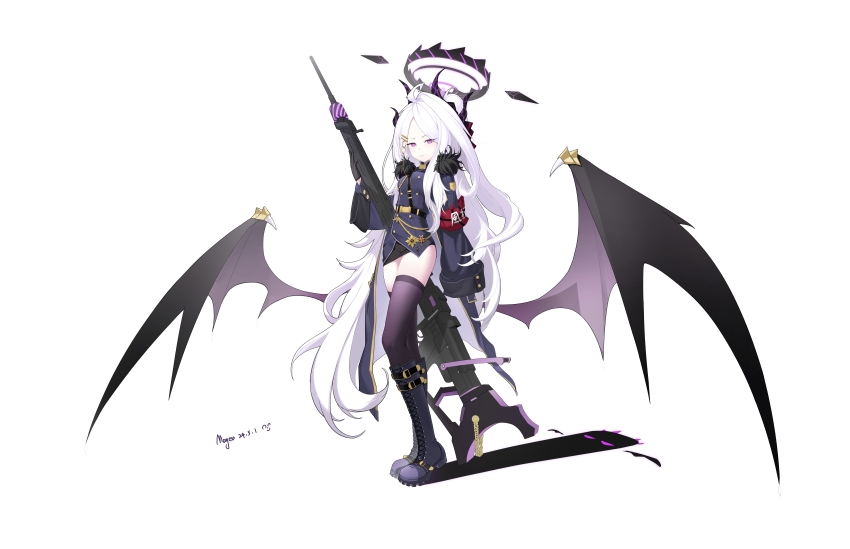 1girl absurdres ahoge black_boots black_skirt blue_archive boots contrapposto demon_girl demon_horns demon_wings dress full_body gogosuisui gun halo highres hina_(blue_archive) holding holding_gun holding_weapon horns low_wings miniskirt purple_dress purple_eyes purple_thighhighs signature skirt smile solo tachi-e thighhighs weapon white_background white_hair wings zettai_ryouiki