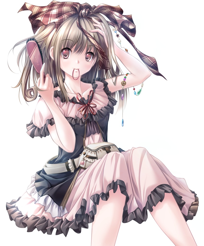 1girl brown_eyes brown_hair dress fantasy female_focus frilled_dress frills hand_in_own_hair highres holding long_hair matching_hair/eyes original simple_background sitting solo soraizumi white_background