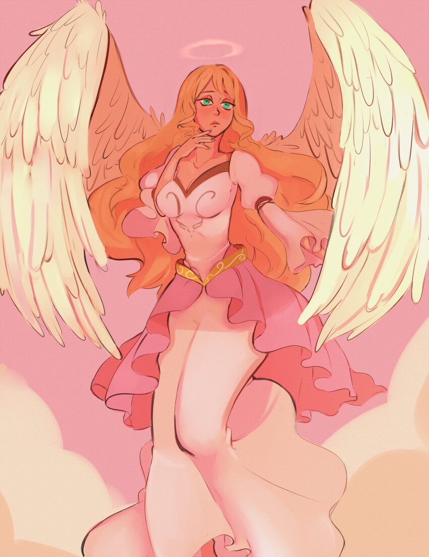 1girl absurdres angel blonde_hair closed_mouth dress fire_emblem fire_emblem:_path_of_radiance fire_emblem:_radiant_dawn green_eyes halo highres leanne_(fire_emblem) long_hair looking_at_viewer nintendo pachipaola simple_background solo white_dress wings