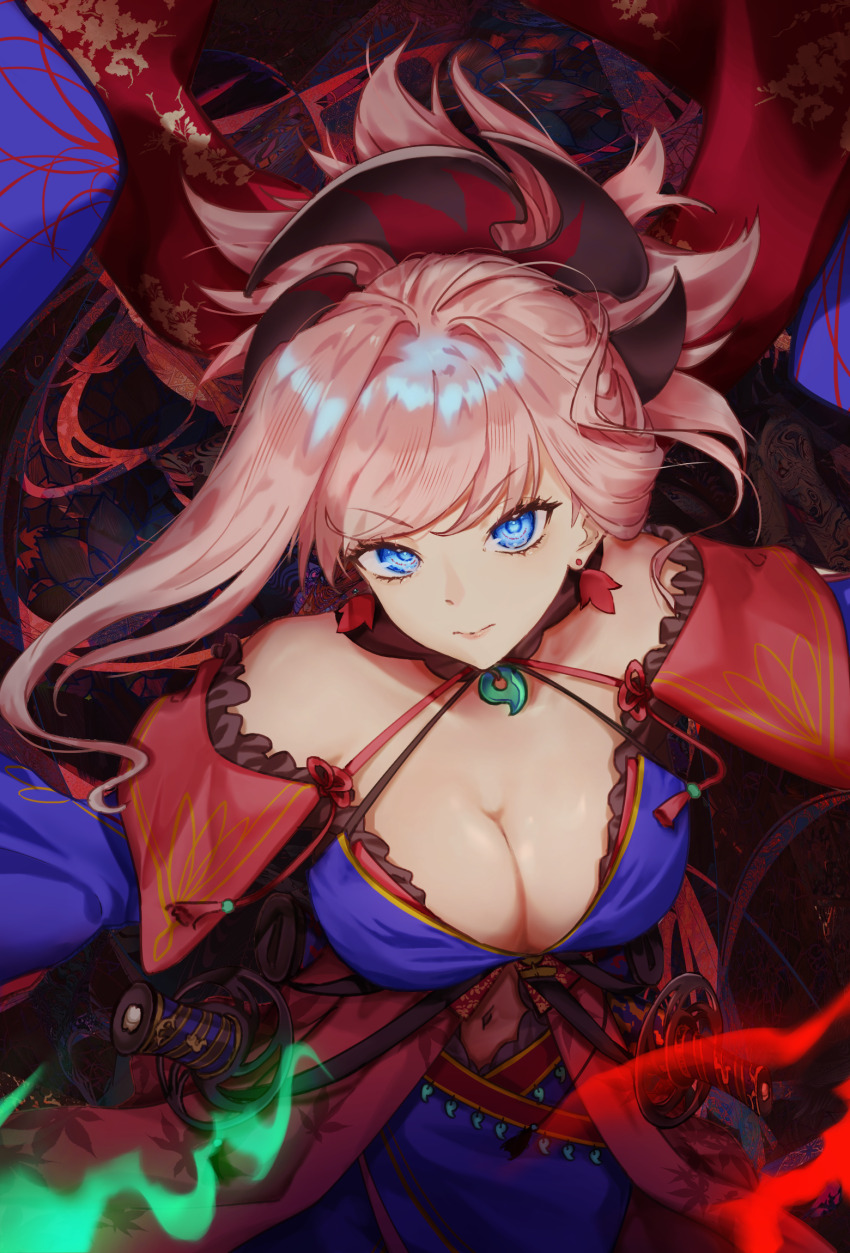 1girl bare_shoulders blue_eyes blue_kimono breasts cleavage earrings fate/grand_order fate_(series) hair_ornament highres japanese_clothes jewelry katana kimono large_breasts long_hair long_sleeves looking_at_viewer magatama minako_larima miyamoto_musashi_(fate) miyamoto_musashi_(third_ascension)_(fate) off_shoulder pink_hair ponytail solo swept_bangs sword weapon wide_sleeves