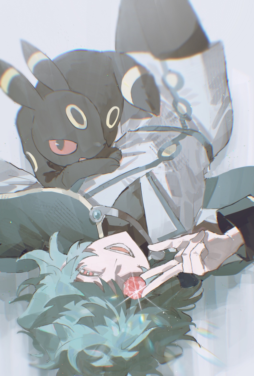 1boy :d absurdres animal animal_on_chest aqua_hair creature_on_chest gem gen_2_pokemon hazel_maier highres holding holding_gem looking_at_viewer lying name_connection nintendo object_namesake on_back on_ground open_mouth pokemon pokemon_(anime) pokemon_(creature) pokemon_horizons pokemon_on_chest red_gemstone smile spinel_(pokemon) umbreon upside-down