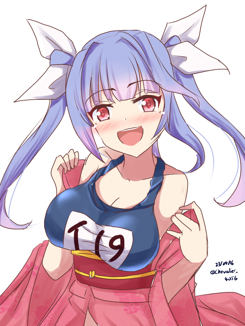 1girl blue_hair blush breasts cleavage collarbone dated flower-shaped_pupils hair_ribbon highres i-19_(kancolle) japanese_clothes kantai_collection kimono large_breasts long_hair looking_at_viewer name_tag one-piece_swimsuit open_mouth pink_kimono red_eyes ribbon sawatani_(chevalier_04056) school_swimsuit smile solo swimsuit swimsuit_under_clothes symbol-shaped_pupils tri_tails twintails