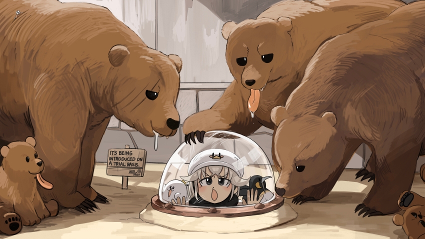 1girl :o absurdres bird brown_bear commentary diva_(hyxpk) donut_stamp drooling duck english_commentary grey_eyes grey_hair highres king_penguin penguin penguin_keeper_(diva) saliva seal_puppet short_hair sign slice_of_life tongue tongue_out zoo zookeeper zookeepers_(diva)
