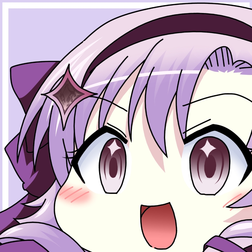 1girl black_hairband close-up commentary_request grey_eyes hairband highres hyakumantenbara_salome mikazuki_neko nijisanji open_mouth purple_background purple_hair smile solo virtual_youtuber