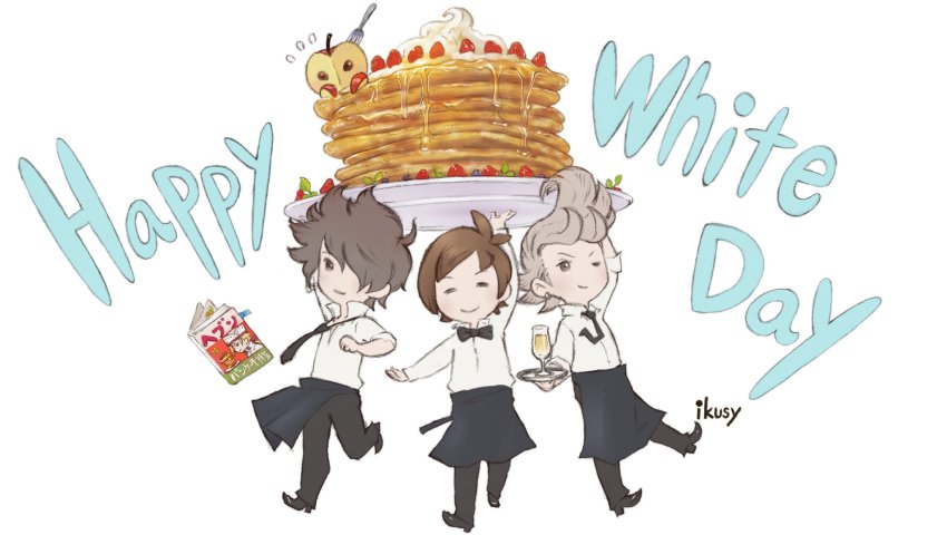 3boys apple apron black_footwear black_pants book bow bowtie bravely_default:_flying_fairy bravely_default_(series) bravely_second:_end_layer brown_hair closed_eyes food fork fruit glass grey_hair hair_over_one_eye highres ikusy multiple_boys necktie official_art one_eye_closed pancake pants plate ringabel strawberry tiz_arrior waiter white_day yew_geneolgia
