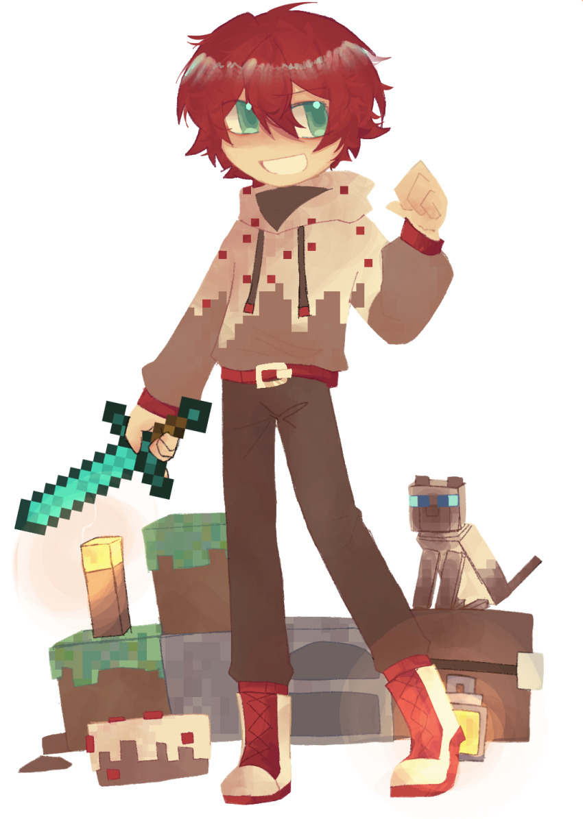 1boy aiya_wo_shi_ku_laoshi animal animalization animification antfrost aqua_eyes belt block_(minecraft) block_(object) cake cake_(minecraft) cat cat_(minecraft) chinese_commentary commentary_request food highres holding holding_sword holding_weapon hood hood_down hoodie lantern male_focus minecraft minecraft_(style) minecraft_sword minecraft_youtube pants red_hair short_hair siamese_cat solo sword torch velvetiscake weapon white_background
