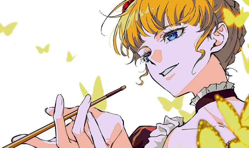 1girl absurdres ako_(eanaaati1) beatrice_(umineko) black_choker blonde_hair blue_eyes braid bug butterfly choker collarbone commentary eyelashes frilled_choker frills golden_butterfly highres holding holding_smoking_pipe insect portrait short_hair simple_background smile smoking_pipe solo symbol-only_commentary umineko_no_naku_koro_ni upper_body white_background