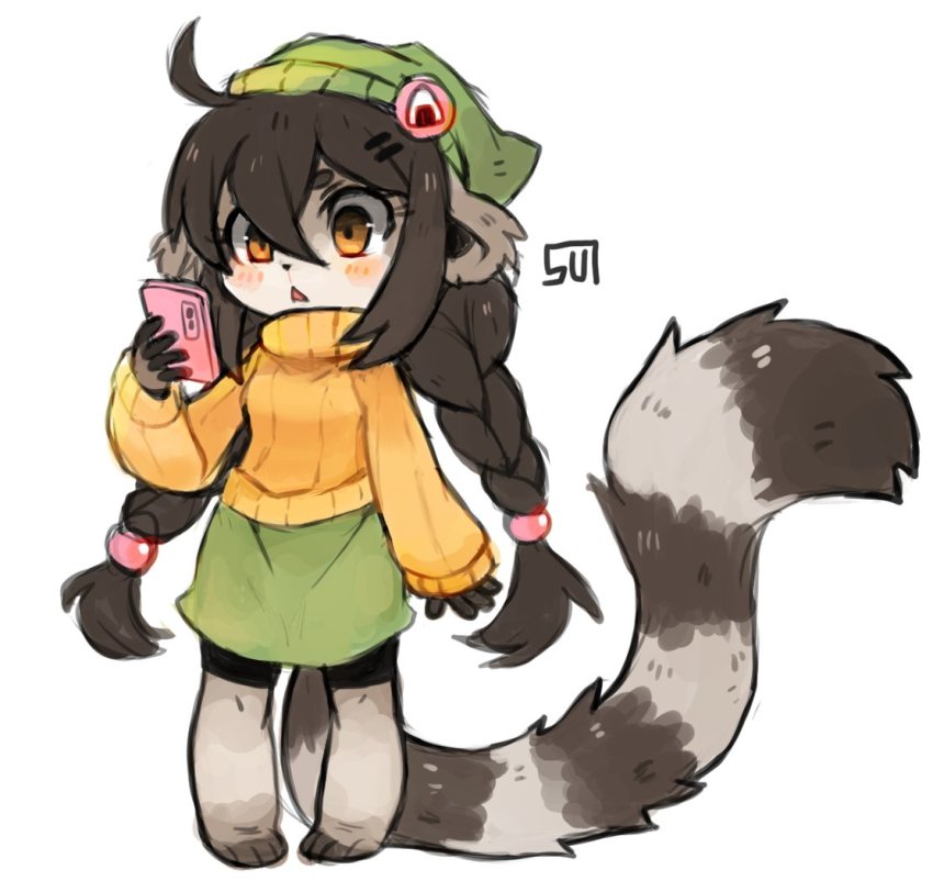 1girl :&lt; :o ahoge animal_nose beanie beige_fur bike_shorts black_shorts blush body_fur braid breasts brown_eyes brown_fur brown_hair commentary english_commentary food_print furry furry_female green_skirt hair_between_eyes hair_ornament hairclip hat holding holding_phone lemur lemur_ears lemur_girl lemur_tail long_hair long_tail looking_at_phone medium_breasts noemi_(sui_(suizilla)) onigiri_print orange_sweater original phone ribbed_sweater ring-tailed_lemur shorts signature simple_background skirt solo standing striped_tail sui_(suizilla) sweater tail twin_braids white_background