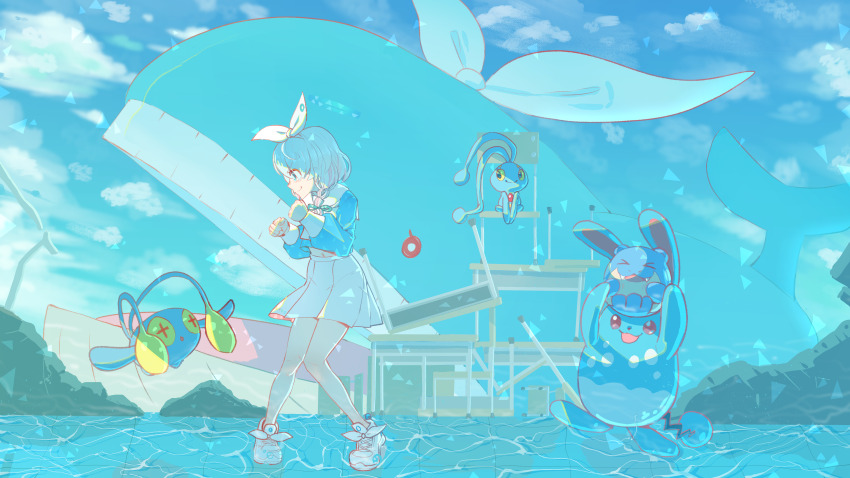 &gt;:) 02milos02 1girl absurdres arona_(blue_archive) azumarill blue_archive blue_eyes blue_hair blue_shirt blue_sky bow braid chinchou clenched_hands closed_mouth commentary crossover day fighting_stance from_side full_body gen_2_pokemon gen_3_pokemon gen_4_pokemon hair_bow hands_up highres knees_together_feet_apart legendary_pokemon long_sleeves manaphy midriff miniskirt mixed-language_commentary mythical_pokemon navel nintendo outdoors pokemon profile puffy_long_sleeves puffy_sleeves sailor_collar school_uniform serafuku shirt shoes short_hair single_braid skirt sky smile solo spheal standing v-shaped_eyebrows wailord white_bow white_sailor_collar white_shoes white_skirt