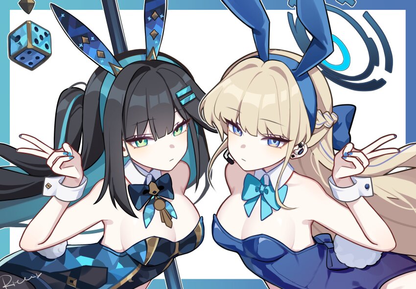 2girls abigail_(black_survival) abigail_(poker_face)_(black_survival) absurdres black_hair black_survival blonde_hair blue_archive blue_bow blue_bowtie blue_eyes blue_halo blue_leotard blue_nails bow bowtie braid breasts closed_mouth commentary crossover detached_collar dice earpiece eternal_return:_black_survival expressionless fingernails grey_hair hair_bow half_up_braid halo hand_up highres leotard long_hair looking_at_viewer medium_breasts multicolored_leotard multiple_girls nail_polish official_alternate_costume official_alternate_hairstyle one_side_up signature strapless strapless_leotard tianqing_mw toki_(blue_archive) toki_(bunny)_(blue_archive) v white_wrist_cuffs wrist_cuffs yellow_eyes