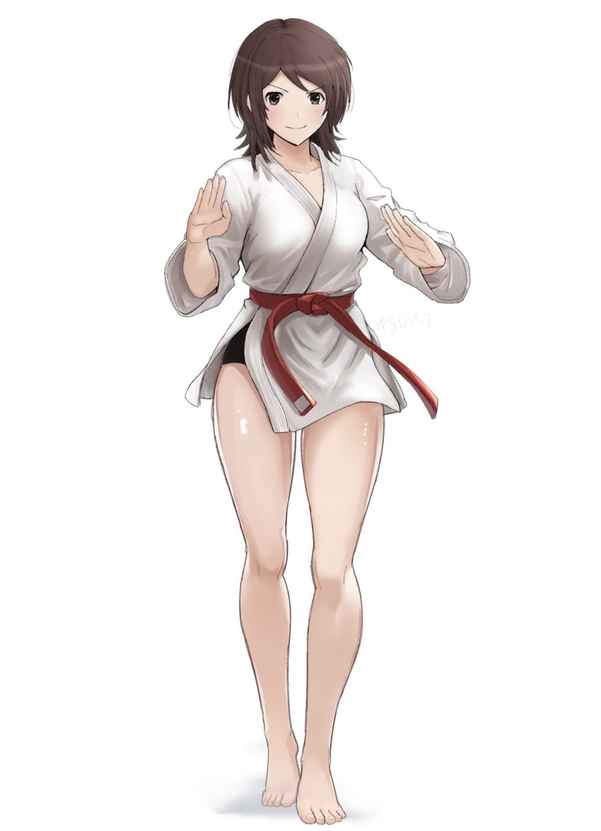 1girl amagami artist_name barefoot belt black_eyes black_panties blush breasts brown_hair closed_mouth collarbone dougi fighting_stance full_body gyuunyuu_pack_(tanaka) hands_up highres long_sleeves looking_at_viewer martial_arts_belt medium_breasts obi palms panties red_belt sash shirt simple_background solo standing takahashi_maya thighs underwear v-shaped_eyebrows white_background