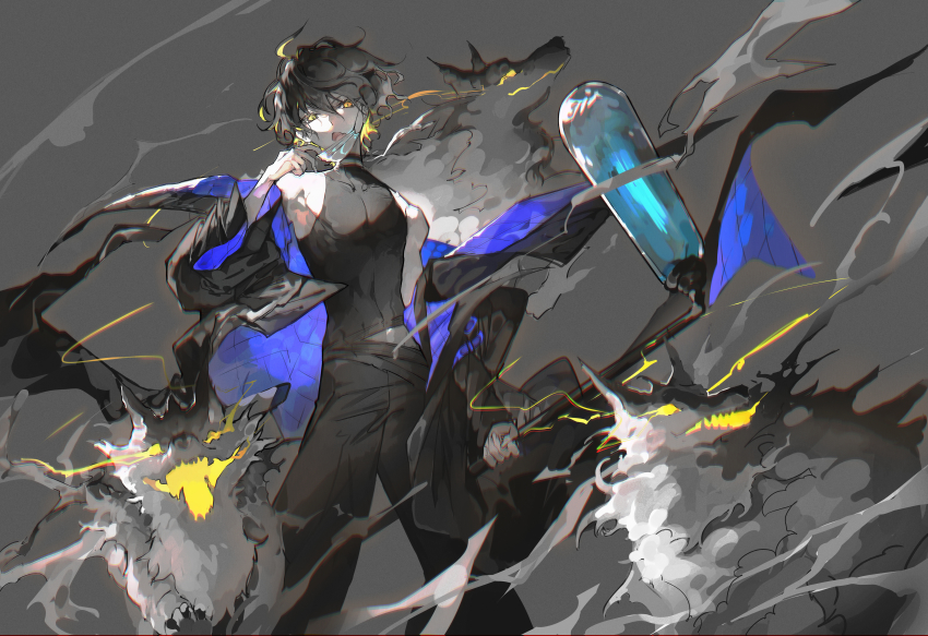 1boy absurdres alchemy_stars black_hair black_jacket black_pants black_shirt choker eye_trail fang glowing glowing_eyes grey_background highres holding holding_staff huge_filesize hydrad_(alchemy_stars) jacket light_trail magic mask mask_pull mouth_mask mura_karuki off_shoulder open_mouth pants shirt short_hair skin_fang sleeveless sleeveless_shirt solo staff wolf yellow_eyes