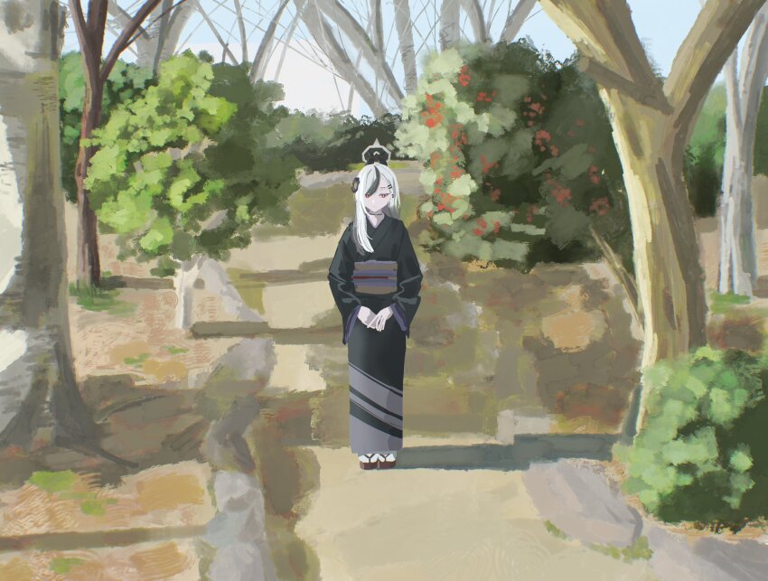 1girl black_kimono blue_archive demon_girl demon_horns flower forest hair_between_eyes hair_flower hair_ornament hairclip highres horns japanese_clothes kayoko_(blue_archive) kayoko_(new_year)_(blue_archive) kimono medamayaki27760 multicolored_hair multicolored_sash nature obi own_hands_together red_eyes sandals sash