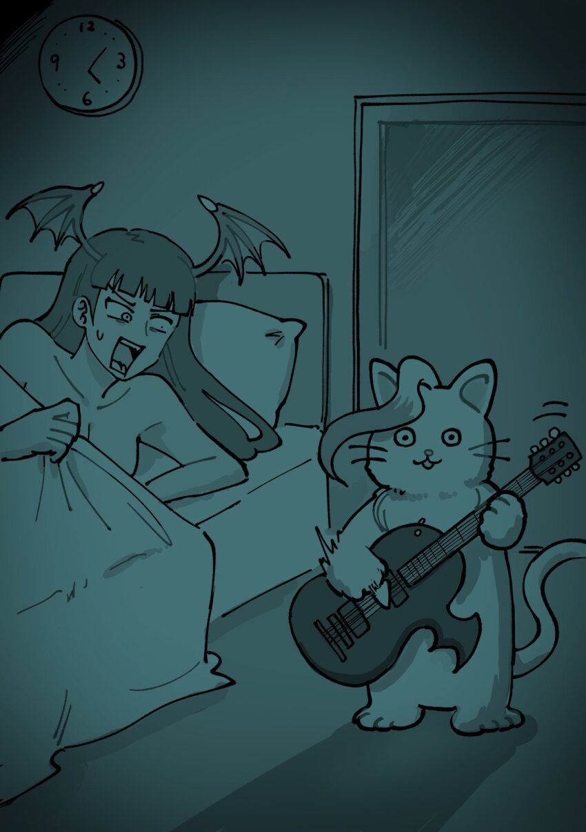 2girls animalization bat_wings bed bedroom breasts capcom cat clock constricted_pupils darkstalkers demon_girl felicia_(cat)_(darkstalkers) felicia_(darkstalkers) guitar highres instrument large_breasts long_hair lying morrigan_aensland multiple_girls nude on_side open_mouth surprised sweatdrop teeth tongue wide-eyed wings