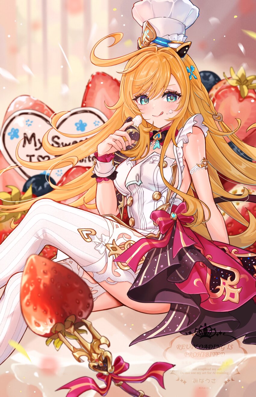 1girl absurdres cake chef chef_hat closed_mouth cowlick escoffier_(genshin_impact) food food_on_hand fruit genshin_impact hair_between_eyes hat high-low_skirt highres knife_hair_ornament long_hair looking_at_viewer minausa sitting smile strawberry thighhighs tongue tongue_out v-shaped_eyebrows white_thighhighs
