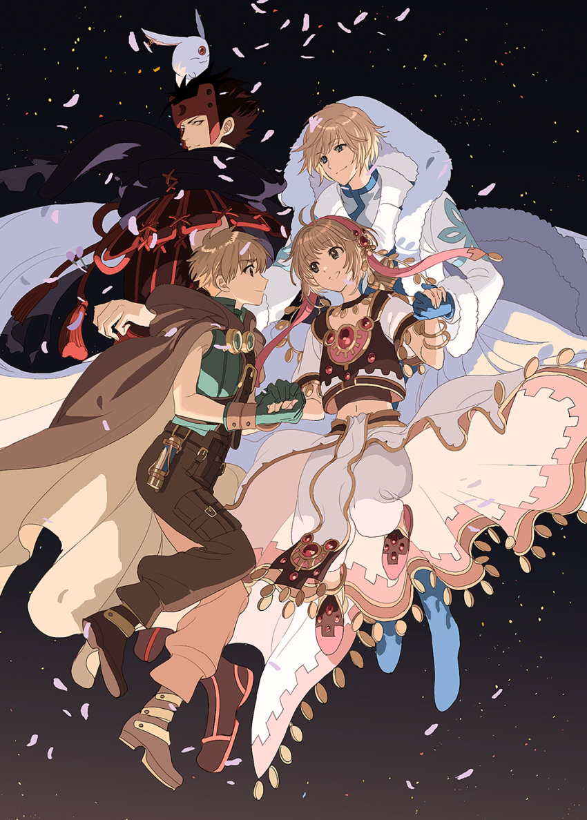 1girl 3boys antenna_hair belt black_background black_footwear black_hair black_scarf blonde_hair blue_eyes blue_footwear blue_gloves boots bracelet brown_cape brown_eyes brown_footwear brown_hair brown_pants buckle cape closed_mouth crop_top fai_d._flowright falling_petals full_body fur-trimmed_cape fur_trim gem gloves goggles goggles_around_neck gold_bracelet gold_trim gradient_background green_eyes green_gloves green_shirt hair_ornament hairband headgear highres holding_hands jewelry jumping kurogane_(tsubasa_chronicle) long_sleeves looking_at_another looking_to_the_side midriff mokona multiple_boys navel okazaki_oka open_mouth pants petals pink_boots pink_hairband profile puffy_pants red_eyes red_gemstone sakura_hime scarf shirt shoes short_hair short_sleeves showgirl_skirt skirt sleeveless sleeveless_shirt smile spiked_hair tassel tsubasa_chronicle undershirt white_cape white_pants white_shirt white_skirt xiaolang
