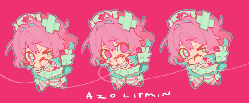 1girl @_@ ahoge angel_wings aqua_dress aqua_hair armband azolitmin blush chibi chibi_only commentary cross cross_print dress earrings fang hair_intakes hair_ornament hand_to_own_mouth hands_up hat heart heart_print highres idolmaster idolmaster_cinderella_girls idolmaster_cinderella_girls_starlight_stage jewelry looking_at_viewer medium_hair multicolored_hair nurse_cap one_eye_closed open_mouth pill_earrings pink_armband pink_background pink_eyes pink_hair pink_thighhighs short_sleeves simple_background smile solo_focus striped_clothes striped_thighhighs tearing_up thighhighs twitter_username two-tone_hair two-tone_thighhighs white_hat white_thighhighs white_wings white_wrist_cuffs wings wrist_cuffs x_hair_ornament yami_kawaii yumemi_riamu
