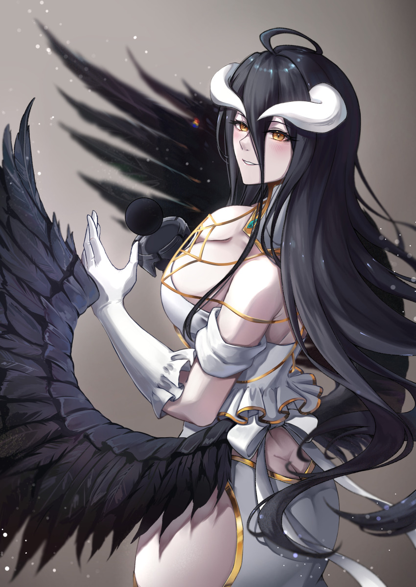 1girl absurdres ahoge albedo_(overlord) ass bare_shoulders black_hair black_wings breasts butt_crack cleavage commentary demon_horns dress elbow_gloves feathered_wings foxie30 gloves hair_between_eyes highres horns jewelry large_breasts long_hair low_wings overlord_(maruyama) simple_background smile white_dress white_gloves wings yellow_eyes