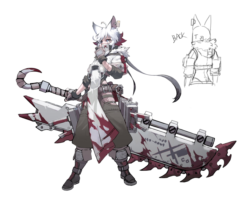 1girl absurdres ahoge black_hair blood blood_on_clothes bloody_weapon blue_eyes boots brown_boots brown_gloves chainsaw ear_tag fingerless_gloves fur-trimmed_hood fur_trim gloves greatsword grey_background grey_hair han_seryun_(2hbpencil) highres holding holding_sword holding_weapon hood hood_down hook huge_weapon light_blue_eyes original red_hair reverse_grip scar scar_on_arm scar_on_leg screw sheath sheathed simple_background sketch sleeves_rolled_up solo standing sword weapon white_hair
