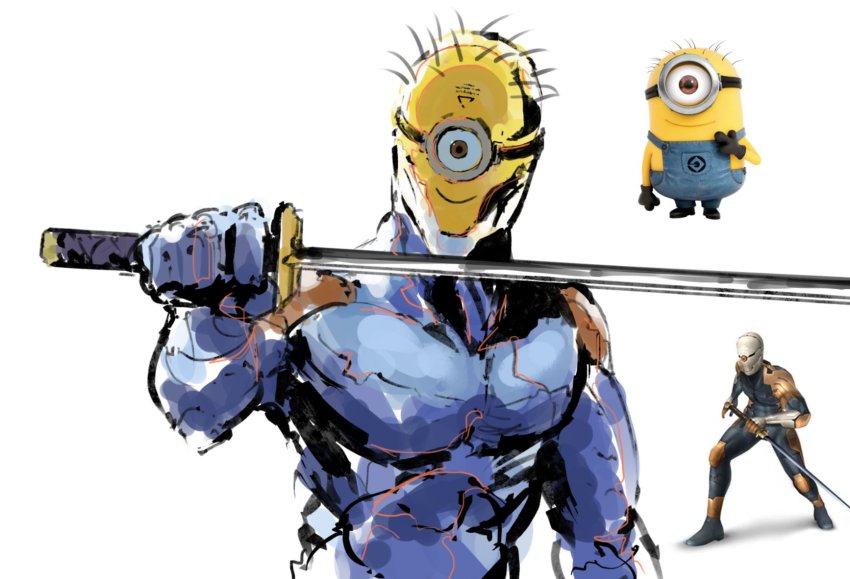 1boy commentary crossover cyborg_ninja despicable_me english_commentary goggles gray_fox helmet highres holding holding_sword holding_weapon katana male_focus metal_gear_(series) minion_(despicable_me) one-eyed reference_inset rythayze simple_background sketch solo_focus sword trait_connection weapon white_background