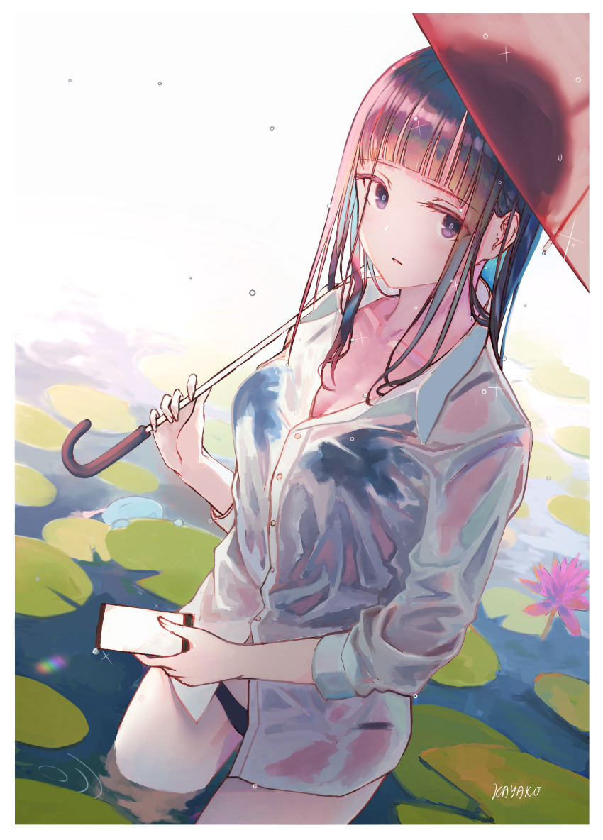 1girl absurdres artist_name black_bra black_hair black_panties blunt_bangs bra breasts buttons cellphone cleavage collarbone collared_shirt day dress_shirt expressionless female_focus flower highres holding holding_phone holding_umbrella kayakooooo lily_pad long_hair looking_at_viewer medium_breasts no_pants original panties parted_lips phone pink_flower pond purple_eyes ripples shirt sidelocks smartphone solo sparkle spring_(season) standing umbrella underwear wading water water_drop wet wet_clothes wet_shirt white_shirt