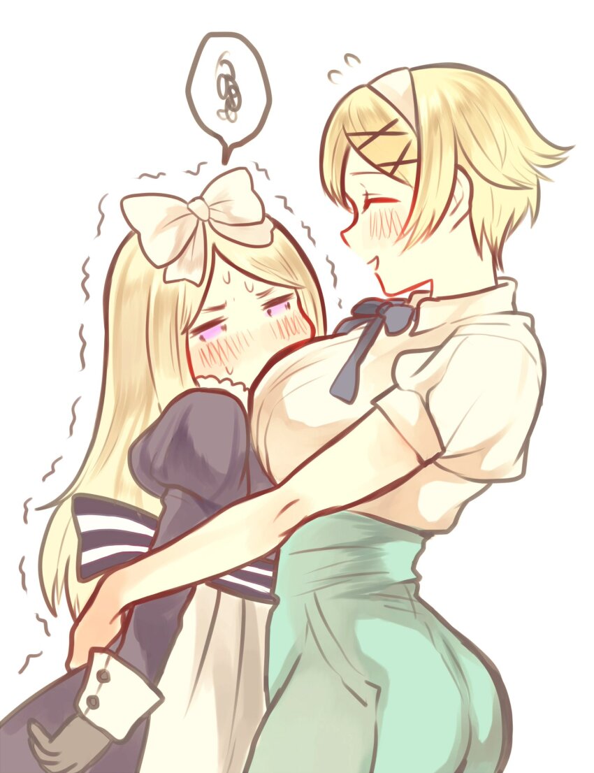 2girls apron axis_powers_hetalia back_bow belarus_(hetalia) black_bow black_gloves blonde_hair blue_pants blush bow breasts closed_eyes collared_shirt commentary_request covered_mouth cowboy_shot dress flying_sweatdrops gloves hair_bow hair_ornament hairband highres hug juliet_sleeves large_breasts long_hair long_sleeves multiple_girls open_mouth pants puffy_short_sleeves puffy_sleeves purple_dress purple_eyes rudorufu11 shirt short_hair short_sleeves siblings simple_background sisters smile speech_bubble spoken_squiggle squiggle standing striped_bow sweat trembling ukraine_(hetalia) v-shaped_eyebrows white_apron white_background white_bow white_hairband white_shirt x_hair_ornament