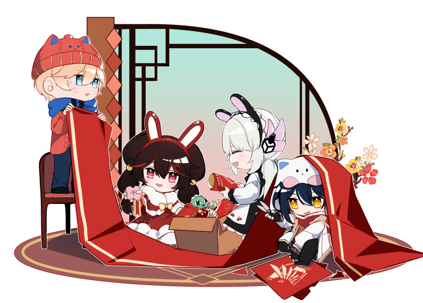 absurdres alternate_costume architecture chibi chinese_new_year commandant_(pgr) dochikun east_asian_architecture highres image_sample lee_(pgr) liv_(pgr) lucia_(pgr) pixiv_sample punishing:_gray_raven winter_clothes