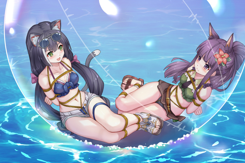 2girls animal_ear_fluff animal_ears bare_shoulders bikini bikini_skirt bikini_under_clothes black_hair blunt_bangs blush bound bubble cat_ears cat_girl cat_tail closed_mouth collarbone dog_ears dog_girl extra_ears eyewear_on_head frilled_bikini frills front-tie_bikini_top front-tie_top green_bikini green_eyes grey-framed_eyewear haimei1980 halterneck highres in_bubble karyl_(princess_connect!) karyl_(summer)_(princess_connect!) kasumi_(princess_connect!) kasumi_(summer)_(princess_connect!) long_hair low_twintails multicolored_hair multiple_girls navel necktie ocean open_clothes open_fly open_mouth open_shorts ponytail princess_connect! purple_eyes purple_hair sandals shibari shibari_over_clothes short_necktie shorts streaked_hair sunglasses swimsuit tail thigh_strap tied_up_(nonsexual) twintails white_shorts