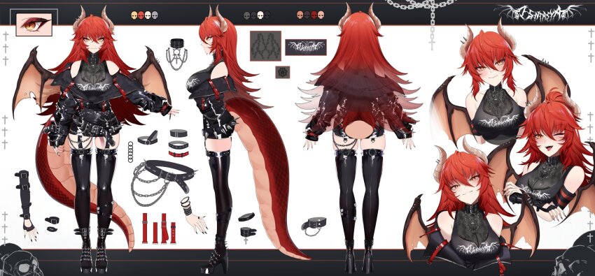 1girl belt belt_collar black_belt black_collar black_nails black_shirt black_shoes black_shorts black_thighhighs reference_sheet clothes_writing collar dragon_girl dragon_horns dragon_tail dragon_wings highres horns long_hair looking_at_viewer nail_polish official_alternate_costume one_eye_closed oni_kanzei open_mouth red_hair shirt shoes short_hair shorts slit_pupils smile solo spiked_belt tail thighhighs tongue tongue_out virtual_youtuber vshojo wings yellow_eyes zentreya zentreya_(dragon) zentreya_(dragon)_(metalheads)
