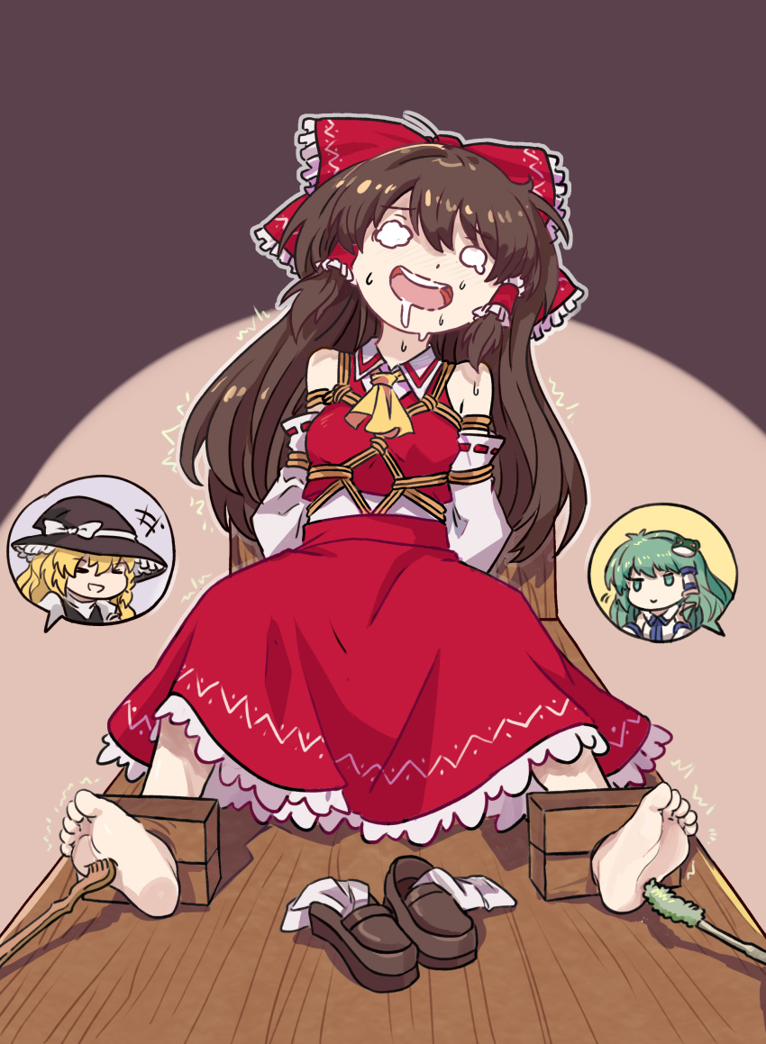1girl absurdres ascot barefoot blonde_hair bow braid brown_hair chinese_commentary commentary_request commission detached_sleeves frilled_bow frilled_hair_tubes frills frog_hair_ornament green_eyes green_hair hair_bow hair_ornament hair_tubes hakurei_reimu hat hat_bow highres kirisame_marisa kochiya_sanae long_hair nero_augustus open_mouth red_bow red_skirt ribbon-trimmed_sleeves ribbon_trim shibari shibari_over_clothes shoes side_braid single_braid single_hair_tube skirt skirt_set smile snake_hair_ornament socks tickle_torture tickling touhou unworn_shoes unworn_socks white_bow white_socks witch_hat yellow_ascot