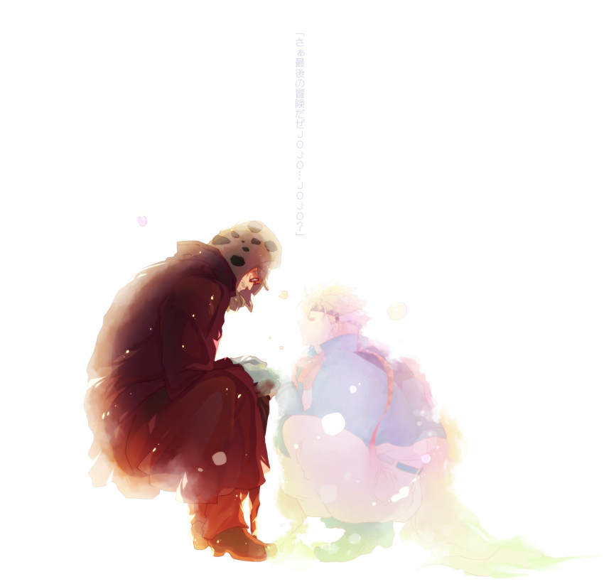 2boys backlighting berd blonde_hair blue_jacket bomber_hat caesar_anthonio_zeppeli cane coat diamond_wa_kudakenai facial_mark feather_hair_ornament feathers fingerless_gloves ghost glasses gloves hair_ornament headband highres holding_hands jacket jojo_no_kimyou_na_bouken joseph_joestar joseph_joestar_(old) kamabo_ko male_focus multiple_boys old old_man polka_dot_headwear scarf sitting squatting translation_request triangle_print