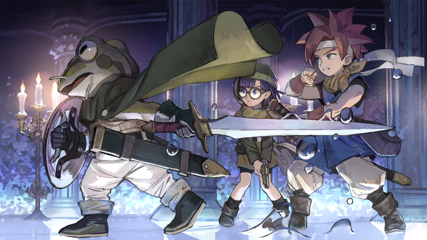 1girl 2boys bandana bare_shoulders black_gloves blue_eyes buckler candlelight candlestand cape chrono_trigger commentary crono_(chrono_trigger) frog_(chrono_trigger) frog_boy full_body glasses gloves green_cape gun hallway hand_up headband holding holding_gun holding_shield holding_sword holding_weapon indoors katana looking_ahead lucca_ashtear multiple_boys open_mouth pillar purple_hair red_hair sasumata_jirou scabbard sheath shield short_hair signature sleeveless spiked_hair square_enix standing sword teeth walking weapon white_legwear