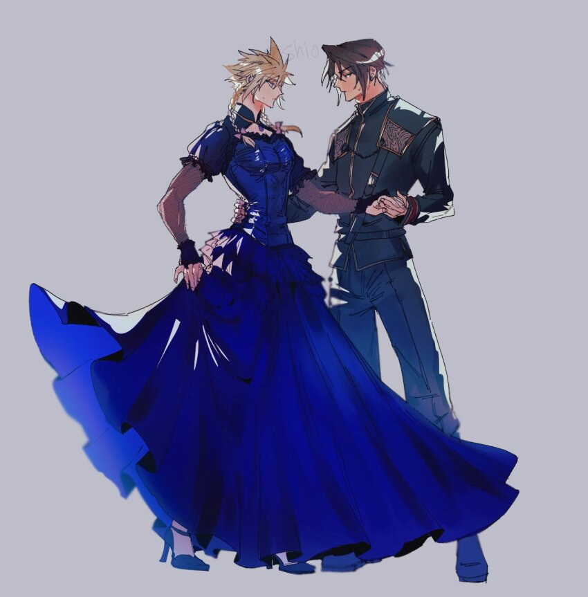2boys artist_name black_pants blonde_hair blue_eyes braid brown_hair cloud_strife cloud_strife_(blue_dress) crossdressing dress final_fantasy final_fantasy_vii final_fantasy_viii highres multiple_boys pants scar scar_on_face seed_uniform_(ff8) shio_ga spiked_hair squall_leonhart sweatdrop twin_braids