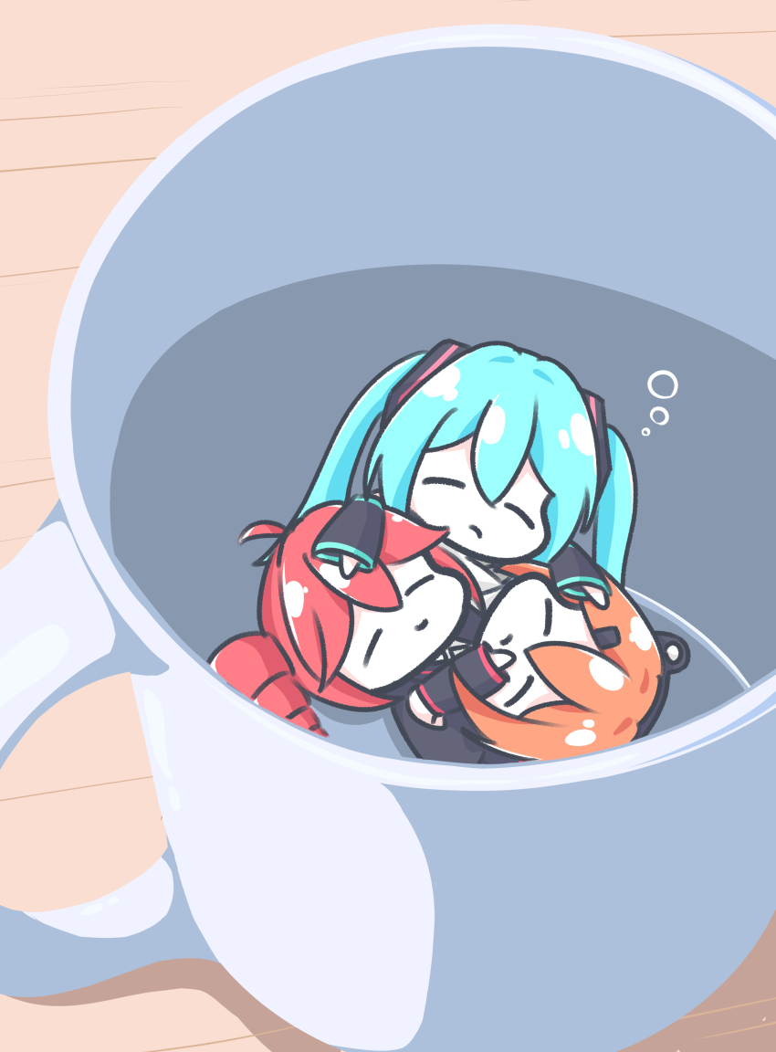 3girls a.i._voice absurdres adachi_rei air_bubble aqua_hair black_shirt black_sleeves bubble chibi chibi_only closed_eyes closed_mouth cott_(cott_5) cup detached_sleeves drill_hair hair_ornament hatsune_miku headlamp highres in_container in_cup kasane_teto kasane_teto_(utau) long_hair long_sleeves mini_person minigirl mug multiple_girls orange_hair red_hair shirt sleeveless sleeveless_shirt submerged twin_drills twintails underwater utau vocaloid
