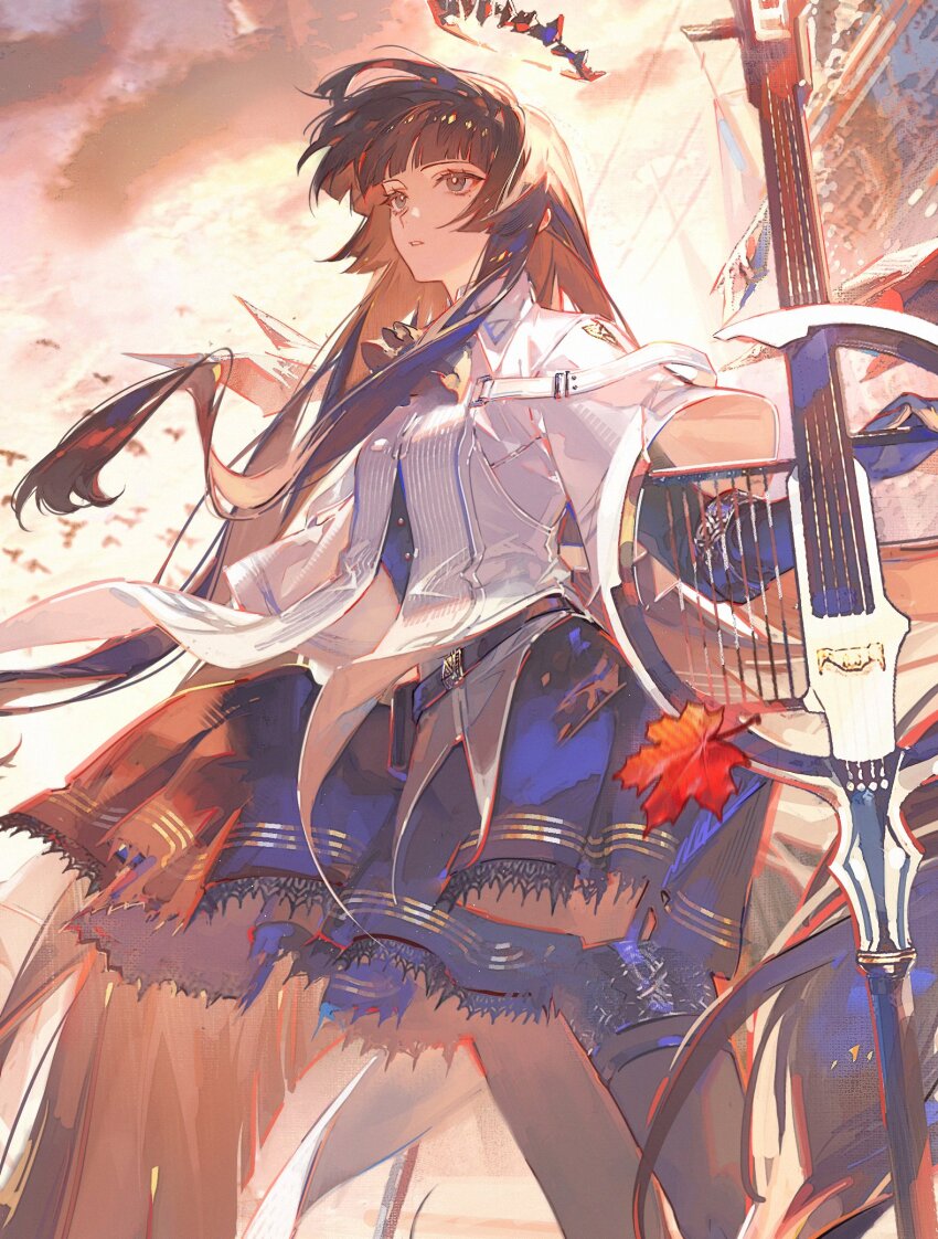 1girl arknights ascot belt bird black_ascot black_hair black_halo black_pantyhose black_skirt blunt_bangs broken_halo cello chinese_commentary cloud collared_shirt commentary_request cowboy_shot dark_halo day detached_wings dutch_angle energy_wings expressionless floating_clothes floating_hair flock grey_eyes halo highres holding holding_instrument instrument leaf long_hair maple_leaf mole mole_under_eye outdoors pantyhose renjian_shilian shirt skirt solo thighhighs very_long_hair virtuosa_(arknights) white_belt white_shirt wings zettai_ryouiki