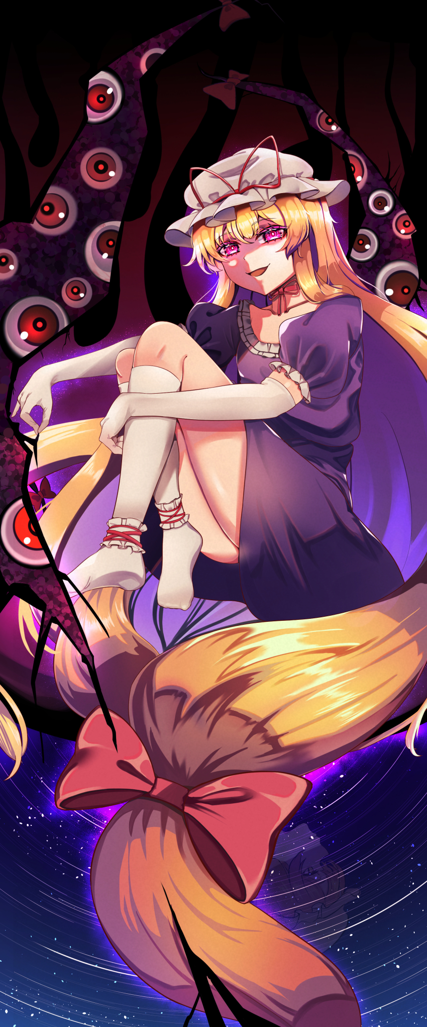 1girl absurdly_long_hair absurdres blonde_hair choker dress elbow_gloves full_body gap_(touhou) gloves hair_between_eyes hair_ribbon hat heaven4014 highres hugging_own_legs legs long_hair looking_at_viewer mob_cap no_shoes open_mouth purple_dress purple_eyes red_eyes ribbon ribbon_choker smile socks solo star_(sky) starry_sky_background thighs touhou very_long_hair white_gloves white_socks yakumo_yukari