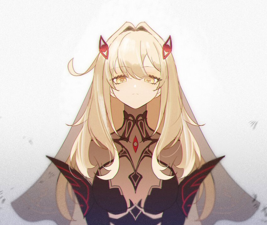 1girl bodystocking breasts closed_mouth coldeye cowlick detached_sleeves expressionless eye_hair_ornament eye_symbol genshin_impact gloves hair_between_eyes hair_ornament highres long_hair looking_at_viewer ronova_(genshin_impact) simple_background solo symbol-shaped_pupils upper_body veil very_long_hair white_background yellow_eyes