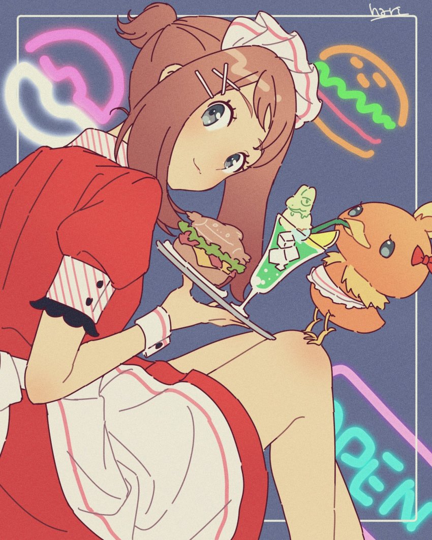 1girl alternate_costume apron blush brown_hair burger buttons closed_mouth commentary_request dress eyelashes food framed gen_3_pokemon glass grey_eyes hair_ornament hand_up hari611 highres ice ice_cube liquid looking_back may_(pokemon) nintendo pokemon pokemon_(creature) pokemon_on_leg pokemon_rse red_dress short_sleeves signature sitting smile torchic tray waist_apron waitress white_apron x_hair_ornament