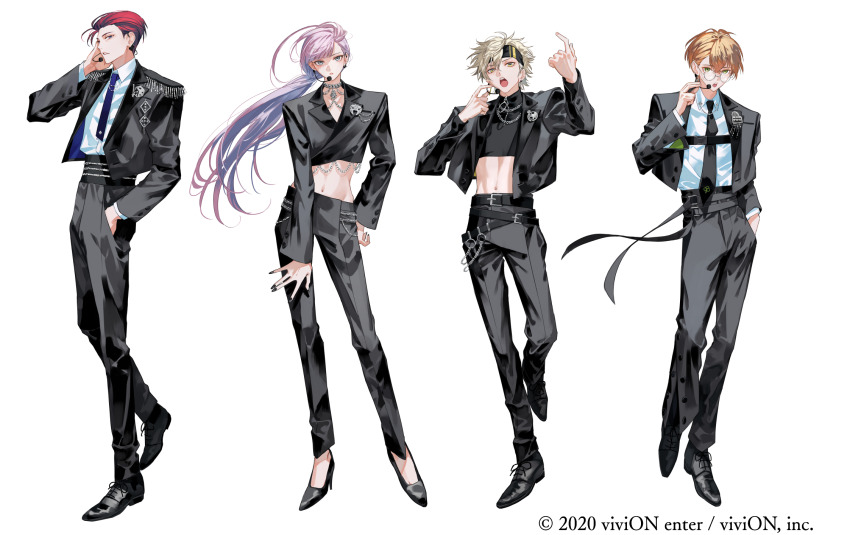 4boys adjusting_headset azusawa_mito belt belt_buckle belt_chain black_belt black_footwear black_headband black_jacket black_nails black_necktie black_pants black_shirt black_suit blonde_hair blue_necktie brown_hair buckle chain chain_necklace chest_harness clock_over_orquesta collar_chain_(jewelry) collared_shirt copyright_notice crop_top cropped_jacket cross-laced_footwear crossed_bangs cuff_links diagonal_bangs dress_pants earrings epaulettes formal_clothes full_body green_eyes grey_eyes hair_behind_ear hair_between_eyes hair_slicked_back hand_in_pocket hand_on_own_hip hand_up harness headband headset high-waist_pants high_heels highres index_finger_raised jacket jewelry lapel_pin lapels lineup long_hair long_sleeves looking_at_viewer low_ponytail male_focus mature_male midriff multiple_boys nail_polish necklace necktie notched_lapels o-ring official_art open_clothes open_jacket open_mouth otoha_iosuke pants parted_lips ponytail purple_eyes purple_hair red_hair sakaki_yairo shirt shirt_tucked_in short_hair side_part sideways_glance standing stud_earrings suit suit_jacket teeth tenma_rikka turtleneck ugonba_(howatoro) upper_teeth_only v-shaped_eyebrows white_background white_shirt wrinkled_skin yellow_eyes
