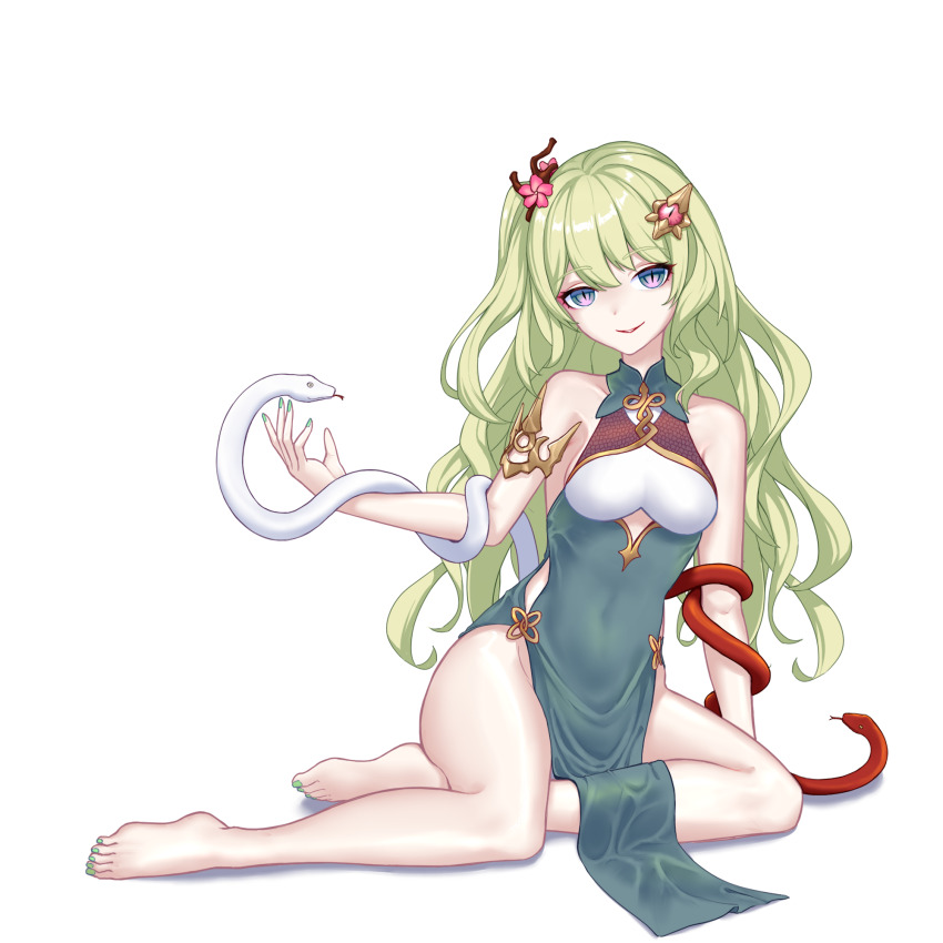 1girl alternate_costume barefoot breasts china_dress chinese_clothes commentary_request covered_navel dress feet flower ggg green_dress green_hair hair_flower hair_ornament highres honkai_(series) honkai_impact_3rd long_hair mobius_(honkai_impact) nail_polish parted_lips red_snake simple_background slit_pupils small_breasts smile snake snake_wrapped_around_arm solo thighs toenail_polish toenails toes white_background white_snake