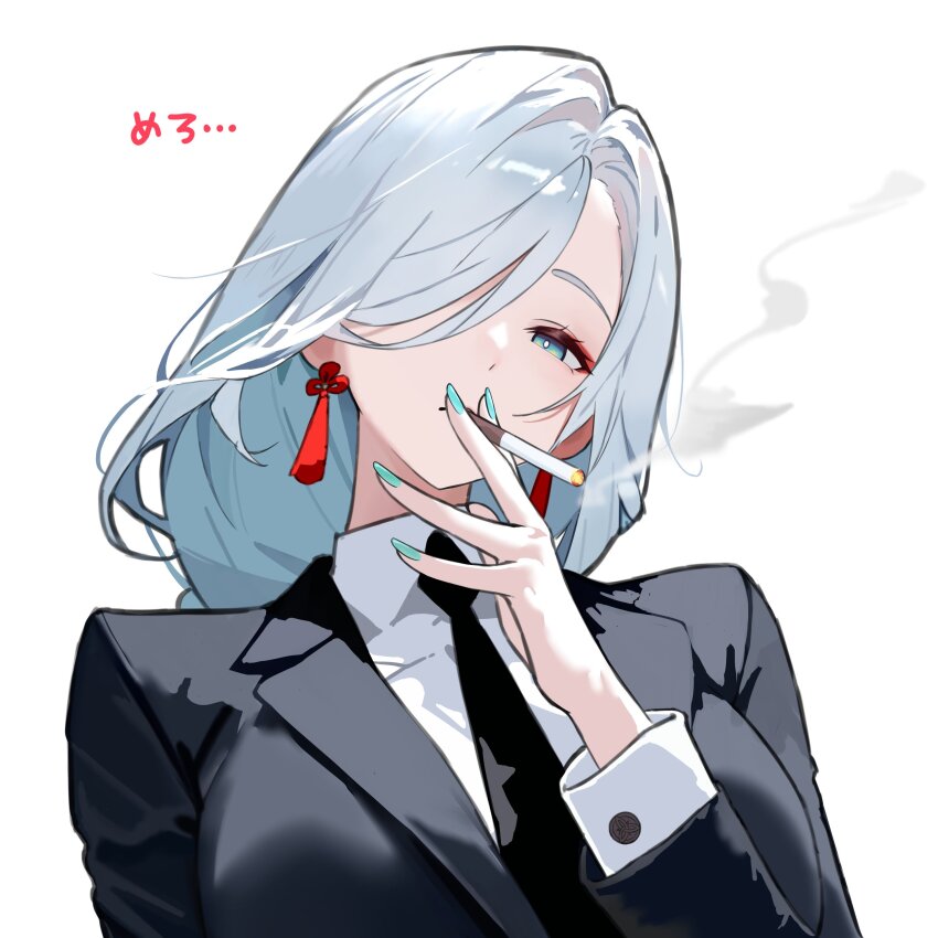 1girl absurdres aqua_eyes black_jacket black_necktie black_suit cigarette collared_shirt earrings formal_clothes genshin_impact hair_over_one_eye highres holding holding_cigarette jacket jewelry lapels long_hair looking_at_viewer necktie shenhe_(genshin_impact) shirt simple_background smoking solo suit suit_jacket tassel tassel_earrings white_background white_hair white_shirt yumeto_(ym-1)