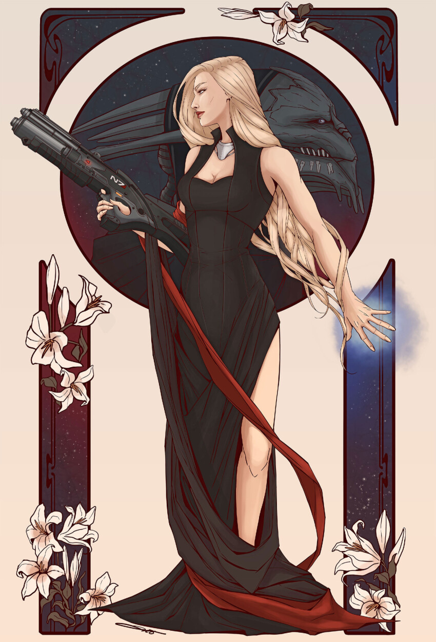 1girl alien assault_rifle blonde_hair bluesky commander_shepard commander_shepard_(female) gun holding holding_weapon lilies lrtrevelyan mass_effect_(series) rifle saren_arterius solo solo_focus turian weapon